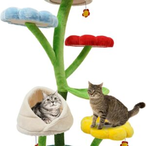 22-InchTall Large Cat Tree, 6 Tiers Multi-Level Tower for Cat, Flower Shape Cat Climbing Frame,Soft Platform with 5 Jump Platform,Plush Multi-Level Cat Condo (Green)