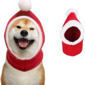 Christmas Dog Hat for Dogs,Red Warm Winter Dog Hat,Crocheted Snood Funny Pet Cap with Pompon,Puppy Neck Ear Warmer/Protector,Knit Snood Headwear for Pets,Christmas Costume Accessory for Dogs