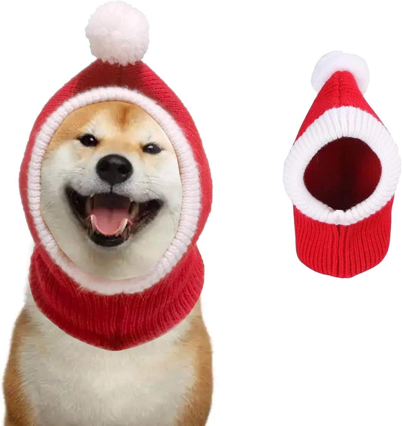 Christmas Dog Hat for Dogs,Red Warm Winter Dog Hat,Crocheted Snood Funny Pet Cap with Pompon,Puppy Neck Ear Warmer/Protector,Knit Snood Headwear for Pets,Christmas Costume Accessory for Dogs