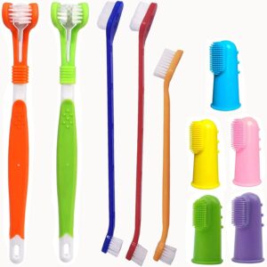 10 Pack Pet Dog Toothbrush, 2 Triple Head Pet Toothbrushes 3 Double Head Tooth Brush 5 Pack Finger Rubber Toothbrushes, Multi-Angle Dental Cleaning Brushes for Dog Cat Oral Dental Health