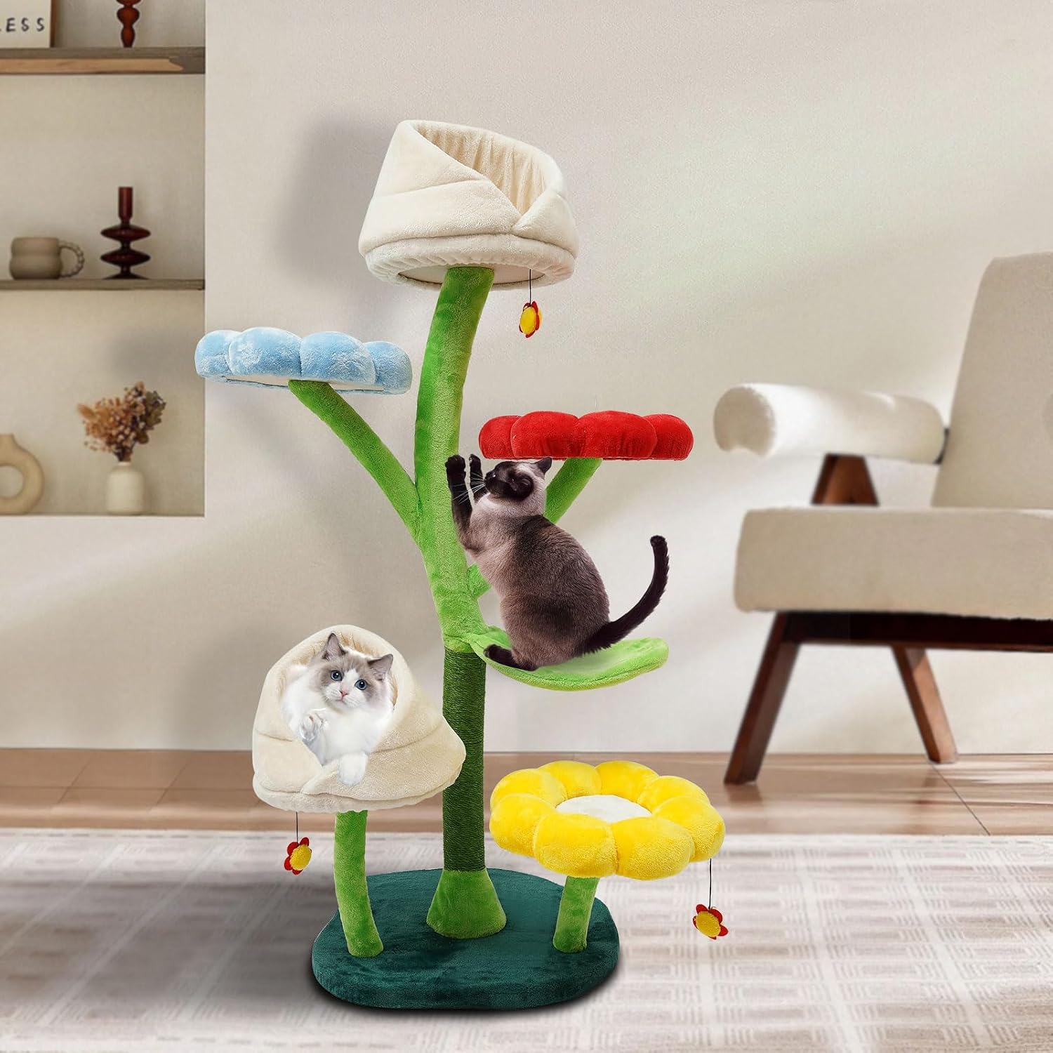 22-InchTall Large Cat Tree, 6 Tiers Multi-Level Tower for Cat, Flower Shape Cat Climbing Frame,Soft Platform with 5 Jump Platform,Plush Multi-Level Cat Condo (Green) - Image 2