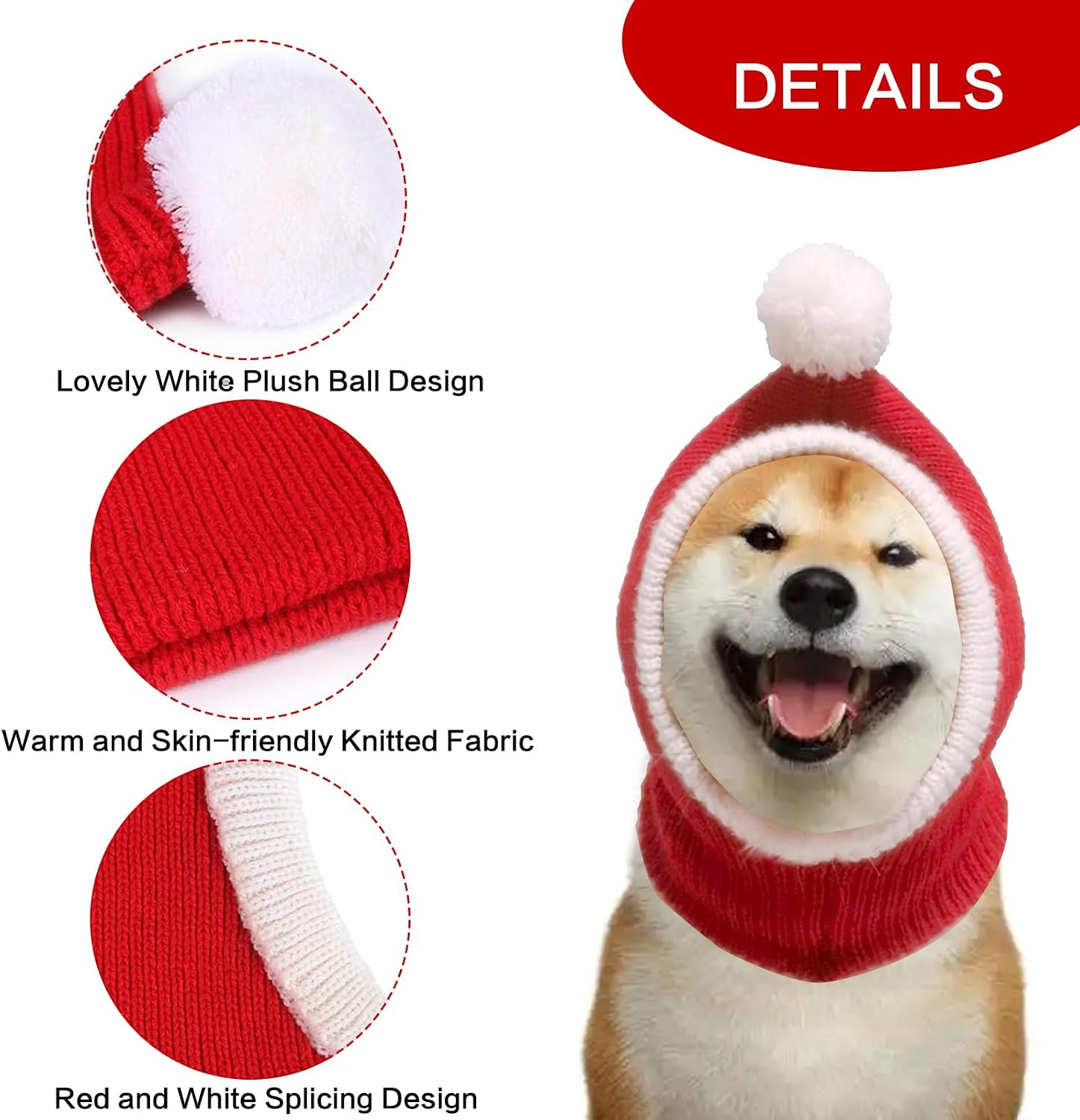 Christmas Dog Hat for Dogs,Red Warm Winter Dog Hat,Crocheted Snood Funny Pet Cap with Pompon,Puppy Neck Ear Warmer/Protector,Knit Snood Headwear for Pets,Christmas Costume Accessory for Dogs - Image 2