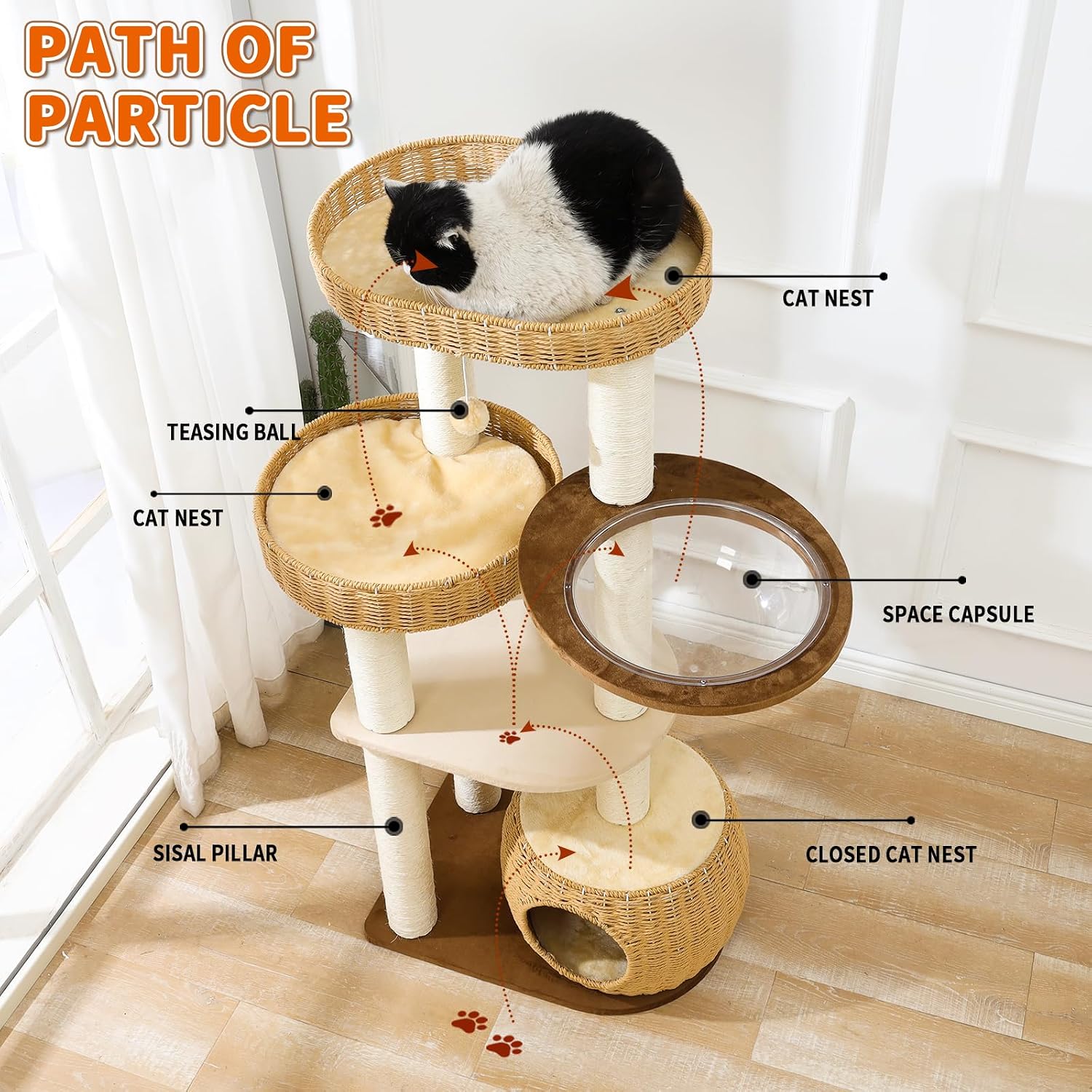 Big Cat Tree for Large Cats - Multi-Cat Tower with Natural Sisal & Handwoven Basket, Extra Sturdy Base, Breathable Perch - Rustic Wood Style Cat Furniture for Indoor Cats - Image 2