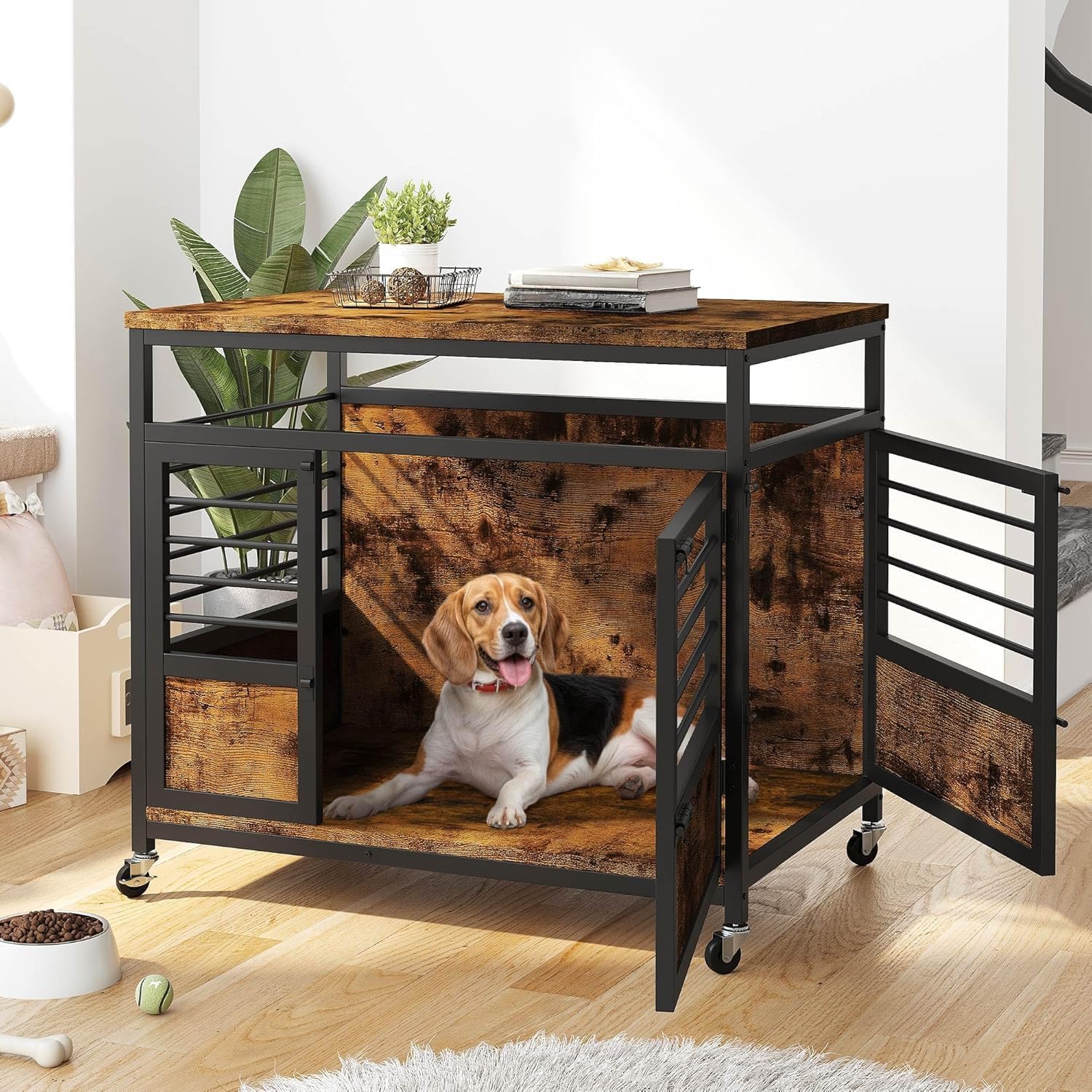Dog Crate Furniture, 32 Inch Dog Kennel Indoor Furniture Corner End Table Crate for Small Dogs, Modern Decorative Wooden Dogs Cage with Wheels, Chew-Resistant, Rustic Brown