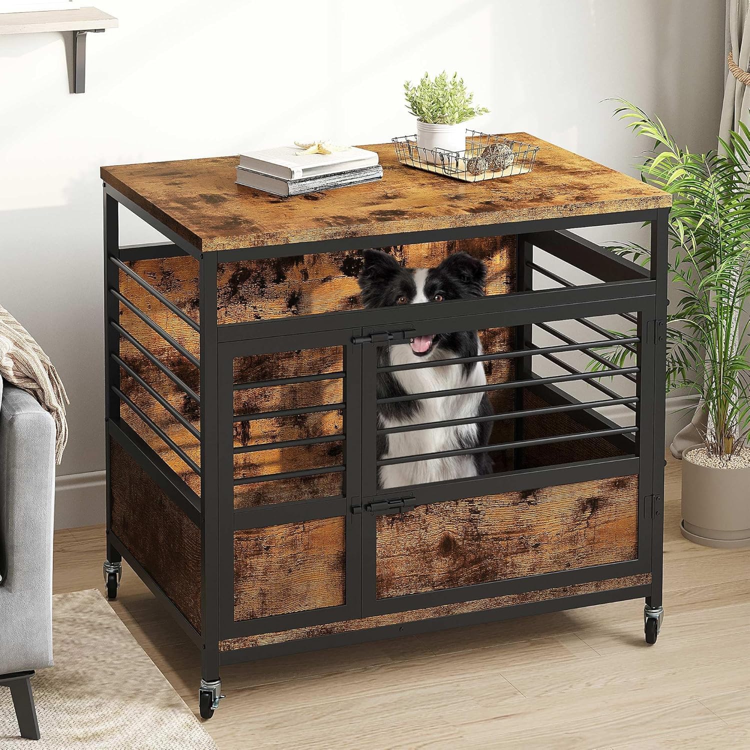 Dog Crate Furniture, 32 Inch Dog Kennel Indoor Furniture Corner End Table Crate for Small Dogs, Modern Decorative Wooden Dogs Cage with Wheels, Chew-Resistant, Rustic Brown - Image 2