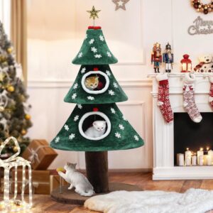 52" Christmas Cat Tree with 2-Storey Cat House, Cat Tower with Cat Teaser Plaything for Indoor Cats, Cat Furniture for Christmas Decoration